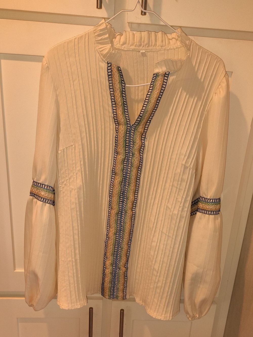 SHEIN Cream Long-Sleeve Embroidered Pintuck Blouse